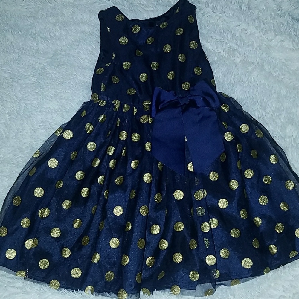 Girls Navy Blue Dress With Gold Glitter Polka Dots